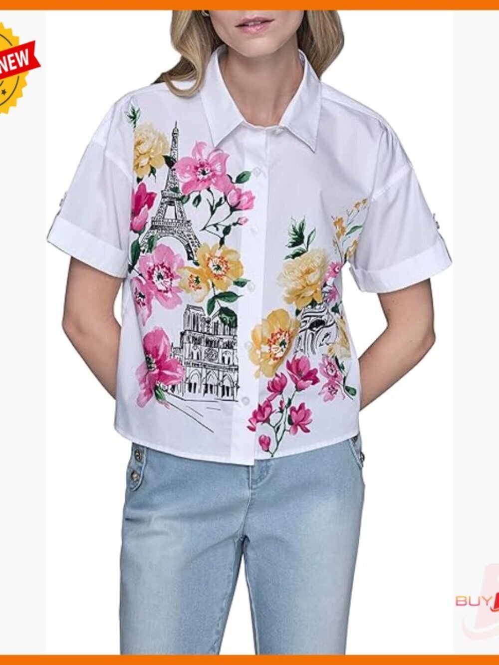 Relaxed Fit Cotton Blouse with Floral Pattern, Cap Sleeves, Crew Neck